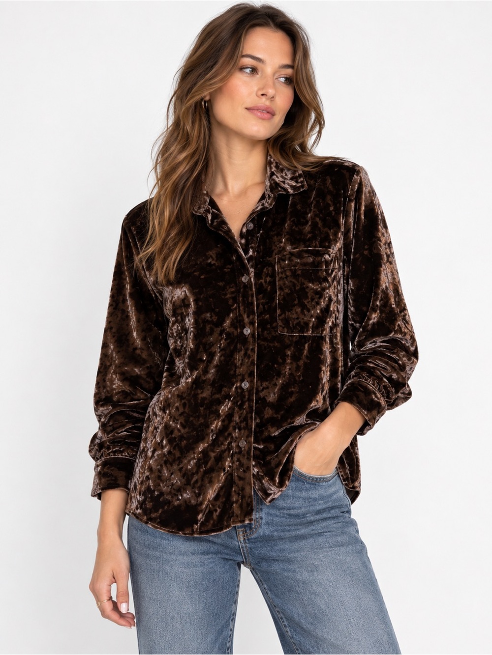 Anthropologie Amadi Crushed Velvet Button-Down Shirt chocolate brown holiday S